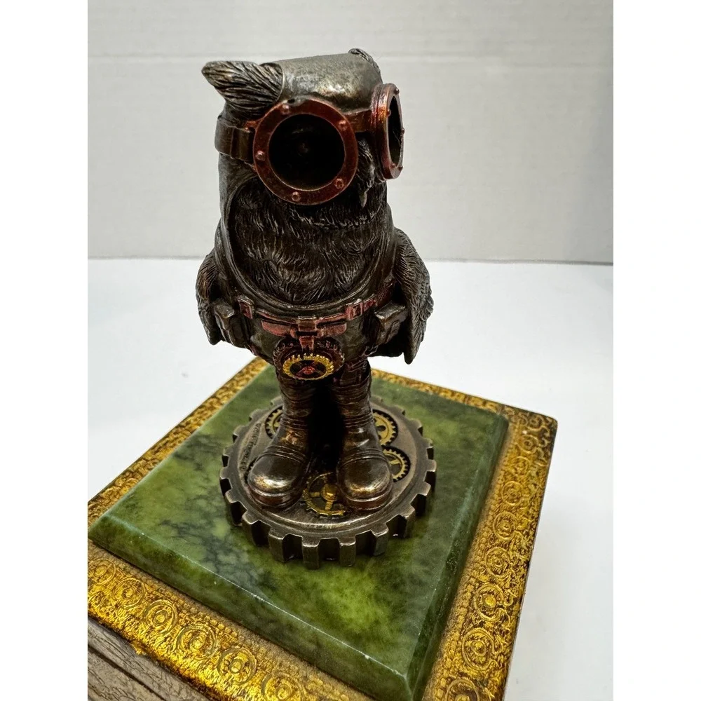 Steampunk Resin Owl Figurine Bronze Finish Goggles Jetpack Aviator Bird Statue